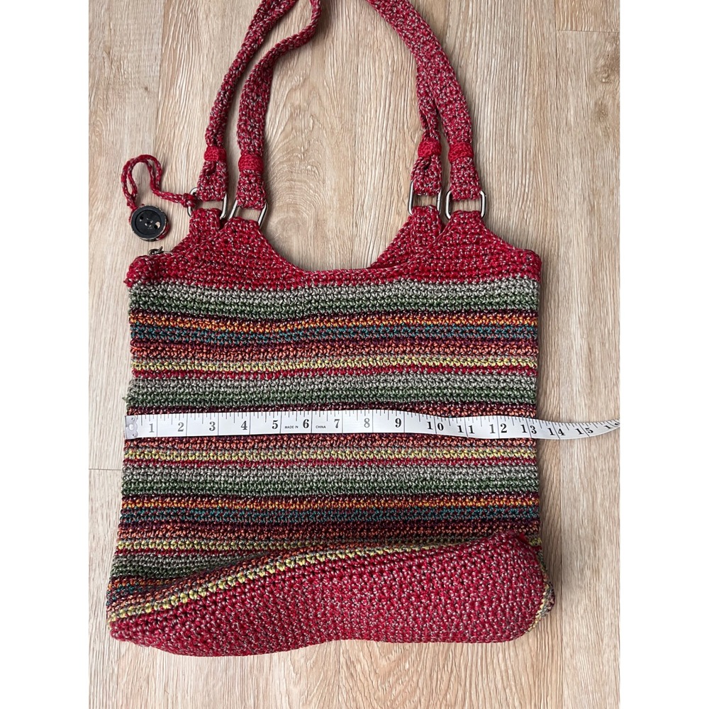 The Sak Crochet Striped Shoulder Bag Red Multi Color Zip Pocket Tote Handbag - Picture 8 of 9